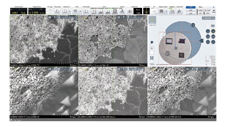 図2 複数の検出器の画像(5チャンネル)とカメラナビゲーション画面を同時に表示した操作画面（試料：太陽電池）＊画面はSU8600のもの