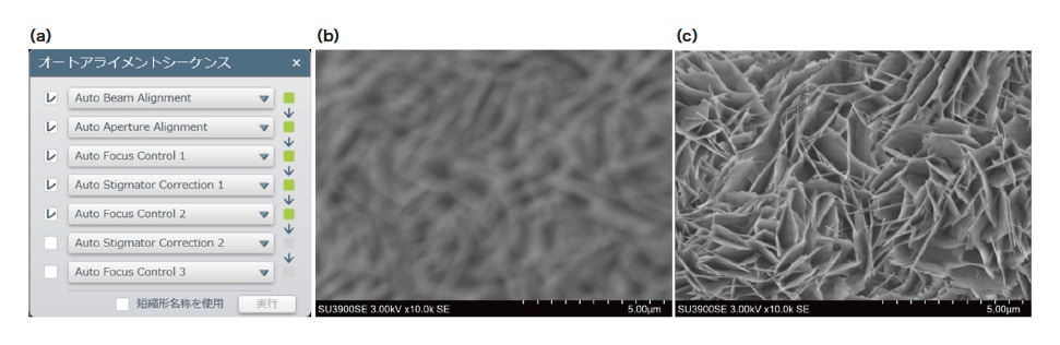 図3 オートアライメントシーケンスおよび自動調整前後の写真（試料：黄銅のサビ）