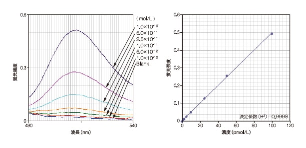図3 極低濃度におけるフルオレセイン溶液の蛍光スペクトルと検量関係