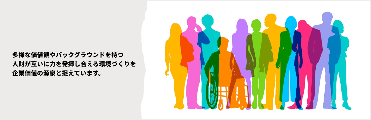 多様な価値観やバックグラウンドを持つ人財が互いに力を発揮し合える環境づくりを企業価値の源泉と捉えています。