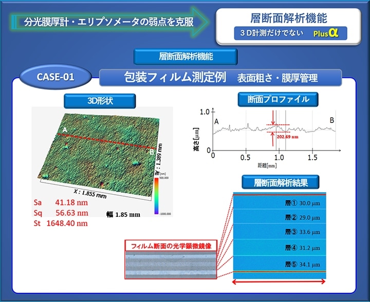 ナノ3D光干渉計測システムの断面解析機能測定事例図